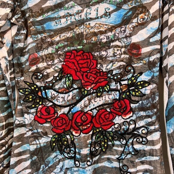 Floral Angels Y2K Top T-Shirt Burnout Embroidered Bling Medium - Picture 3 of 8